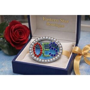 OES Eastern Star Brooch Pin with White Pearls and‎ Multicolored Rhinestones